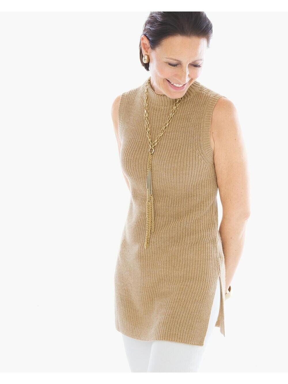 Chico's Honey Tan Sleeveless Chunky Knit Tunic Sweater Top Size 2 EXCELLENT